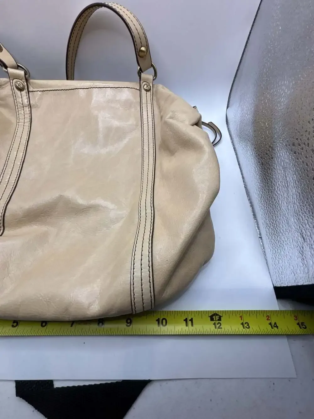Hobo Flourish Beige Leather Shoulder Bag Tote Handbag